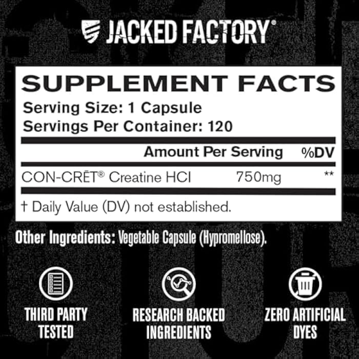 Jacked Factory Creatine HCl Capsules - CON CRET Creatine Pills 750mg - Lean Muscle Growth & Recovery, Boost Strength & Endurance, No Bloating or Cramps - 120 Capsules - Image 5