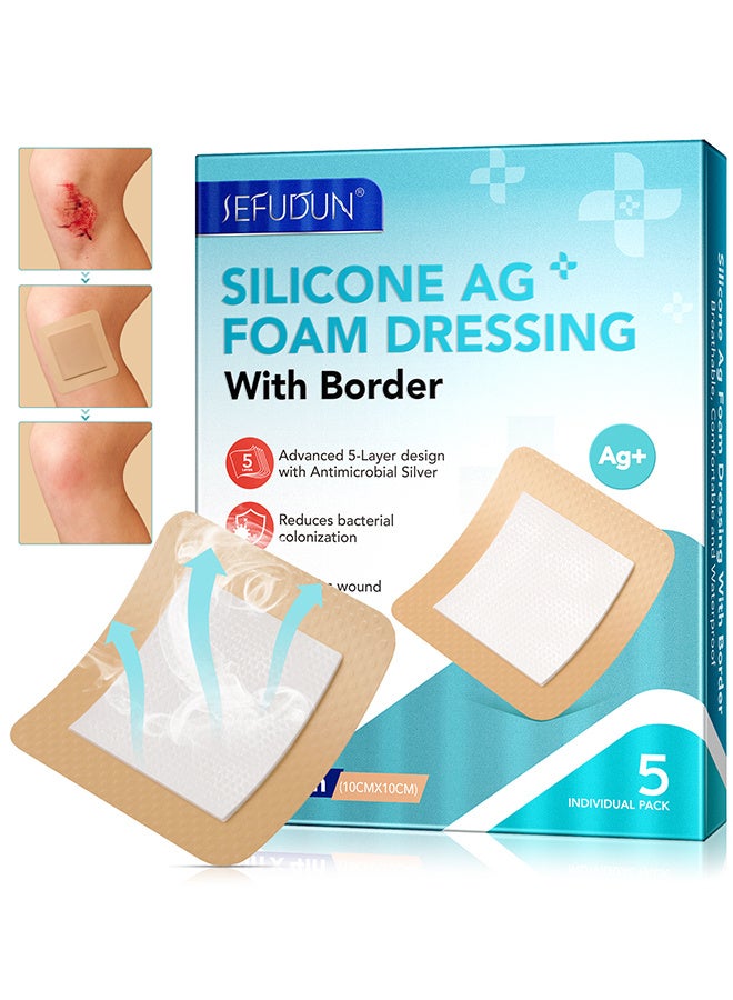 Sefudun 5PCS Silicone AG Foam Dressing With Border, Adhesive Border 10x10cm Silicone Foam Dressing Bandage, Foam Dressings Breathable And Skin-Friendly, Self-Adhesive Care Patches For Wound Surfaces - Image 1