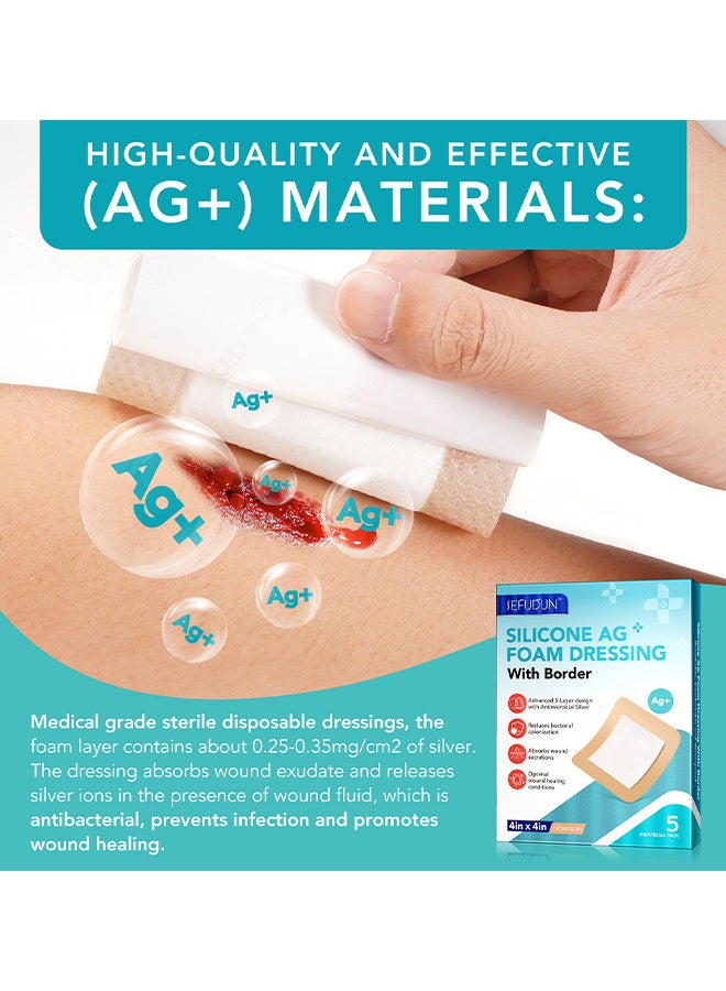 Sefudun 5PCS Silicone AG Foam Dressing With Border, Adhesive Border 10x10cm Silicone Foam Dressing Bandage, Foam Dressings Breathable And Skin-Friendly, Self-Adhesive Care Patches For Wound Surfaces - Image 5