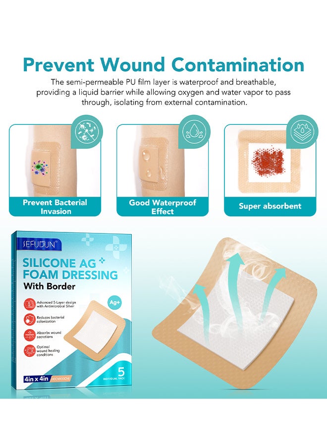 Sefudun 5PCS Silicone AG Foam Dressing With Border, Adhesive Border 10x10cm Silicone Foam Dressing Bandage, Foam Dressings Breathable And Skin-Friendly, Self-Adhesive Care Patches For Wound Surfaces - Image 3