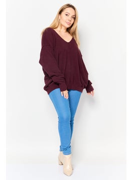Black Tape Women V-Neck Textured Sweater, Maroon  - Image 2