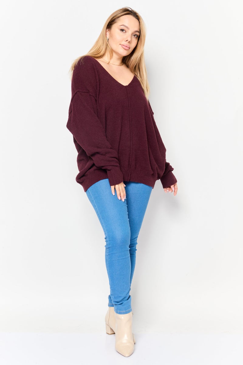 Black Tape Women V-Neck Textured Sweater, Maroon  - Image 2