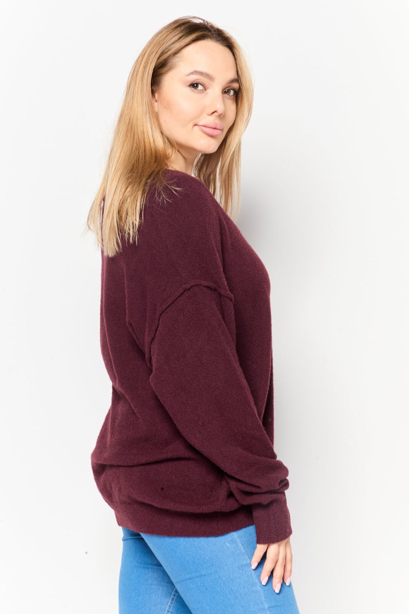 Black Tape Women V-Neck Textured Sweater, Maroon  - Image 3