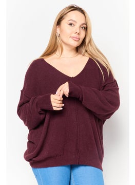 Black Tape Women V-Neck Textured Sweater, Maroon  - Image 1