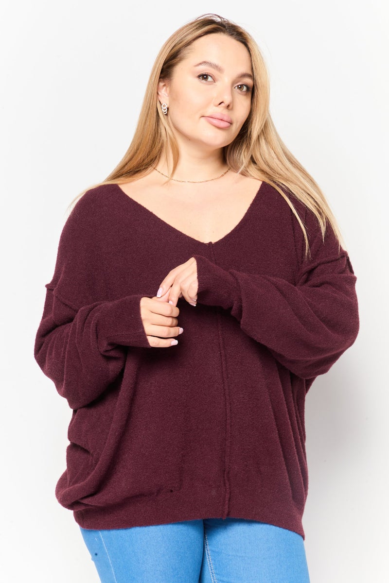 Black Tape Women V-Neck Textured Sweater, Maroon  - Image 1