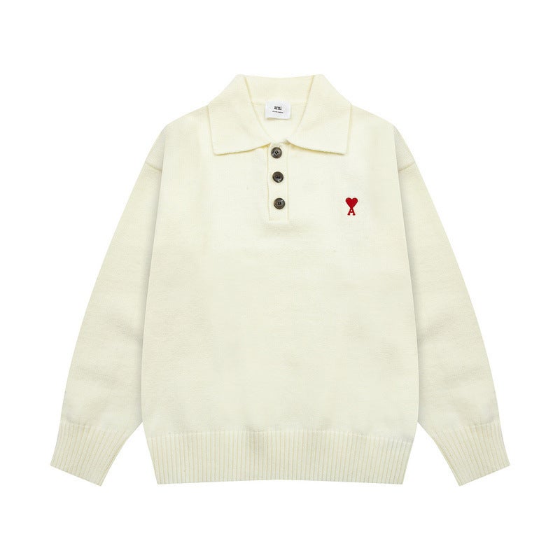 American Style Retro Love Embroidered Lapel Polo Shirt Men'S And Women'S Couples Fashion Knitted All-Match Sweater - Image 4