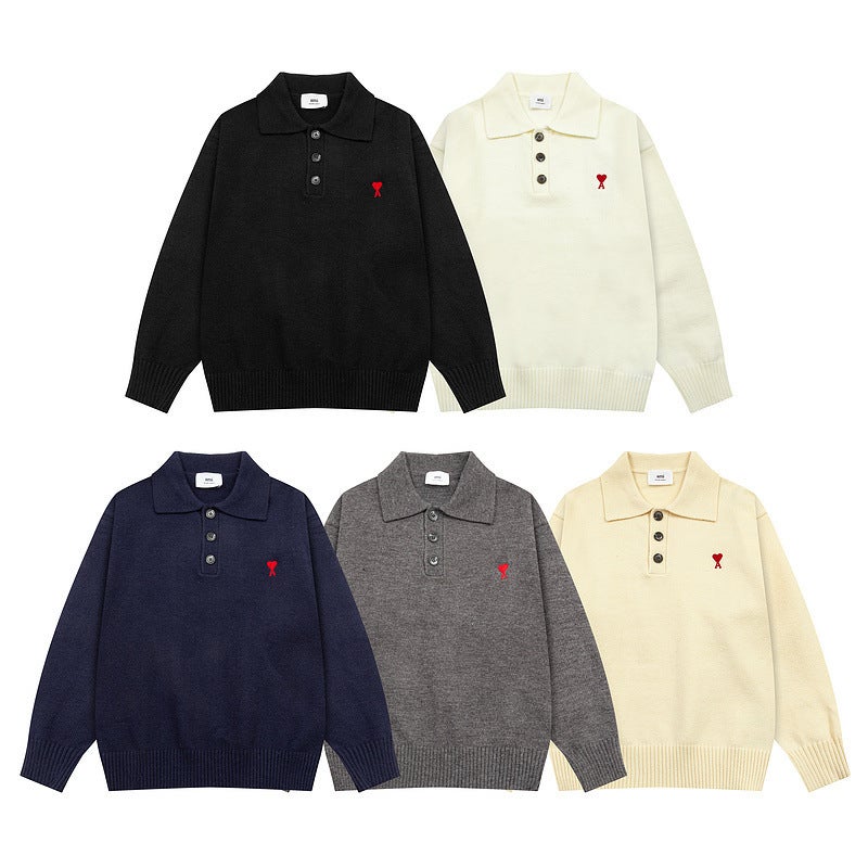 American Style Retro Love Embroidered Lapel Polo Shirt Men'S And Women'S Couples Fashion Knitted All-Match Sweater - Image 2