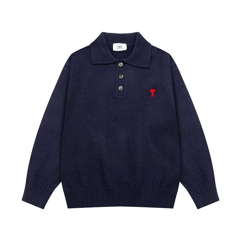 American Style Retro Love Embroidered Lapel Polo Shirt Men'S And Women'S Couples Fashion Knitted All-Match Sweater - Image 1