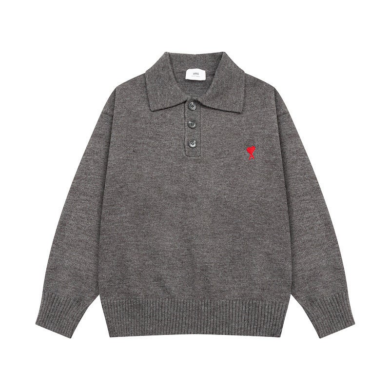 American Style Retro Love Embroidered Lapel Polo Shirt Men'S And Women'S Couples Fashion Knitted All-Match Sweater - Image 5