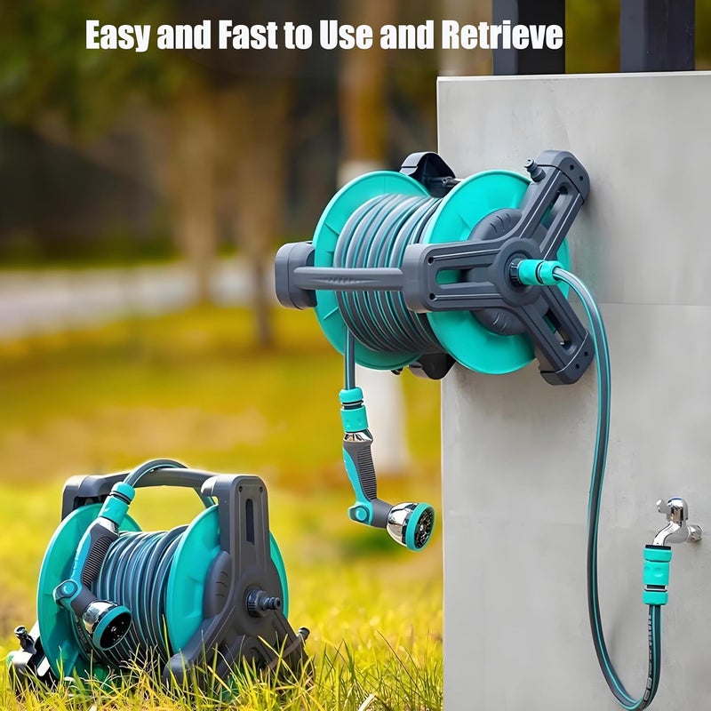 HotsUAE Household Water Hose Garden Hose Reel Set, Portable Wall Hanging, 30m Hose, with Ten Types of Water Spray Showerheads, Water Guns and Water Pipe Bracket - Image 2