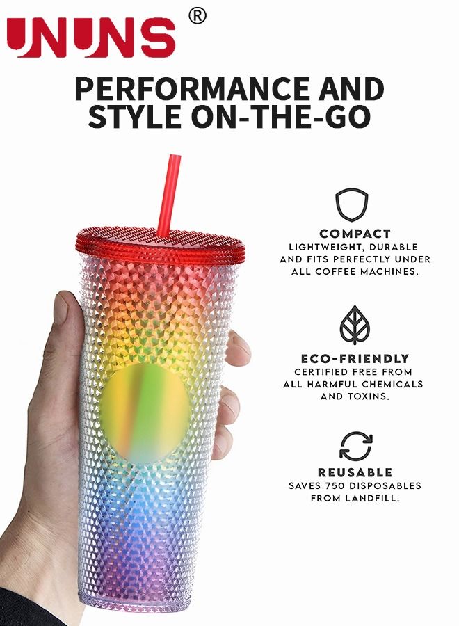 UNUNS أكواب قهوة مع قشة وغطاء، كوب بلاستيكي مرصع بسعة 24 أونصة، كوب مزدوج الجدار بألوان قوس قزح للسفر والمكتب والمنزل - Image 4