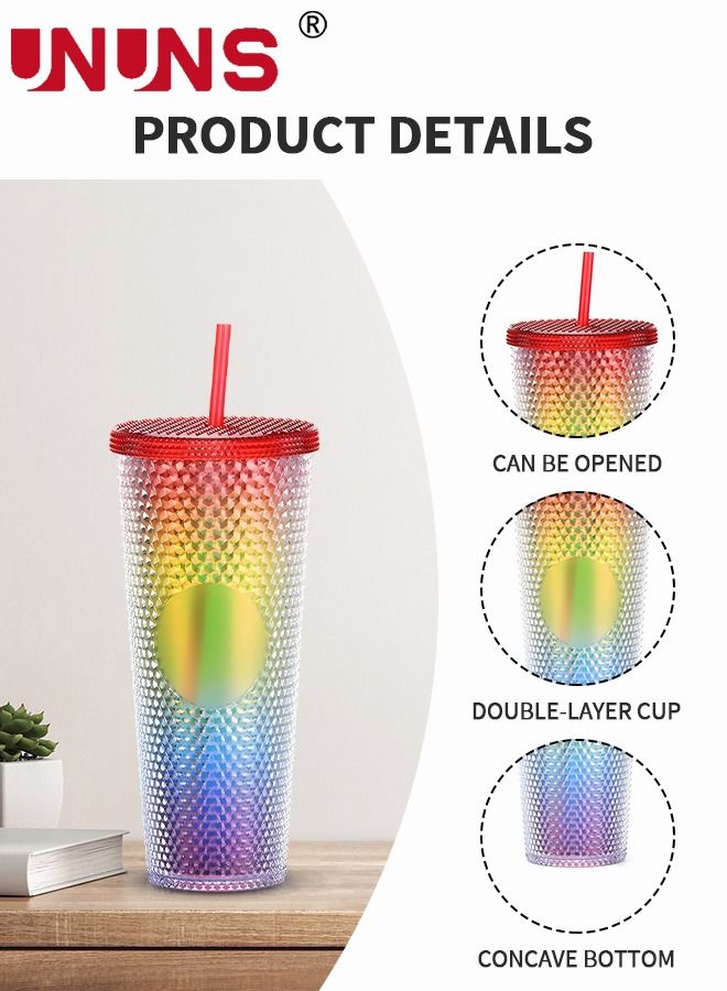 UNUNS أكواب قهوة مع قشة وغطاء، كوب بلاستيكي مرصع بسعة 24 أونصة، كوب مزدوج الجدار بألوان قوس قزح للسفر والمكتب والمنزل - Image 3