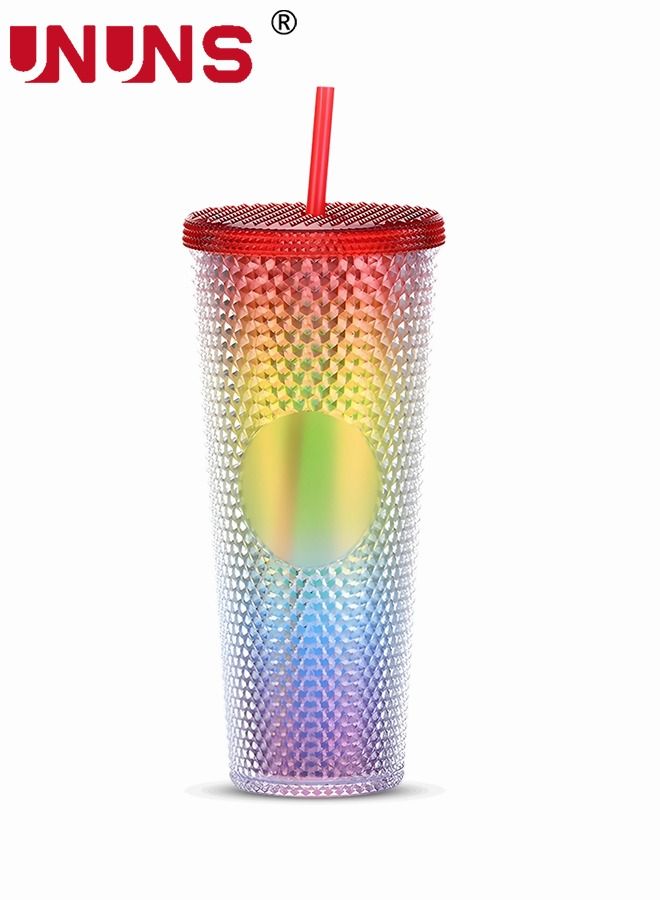 UNUNS أكواب قهوة مع قشة وغطاء، كوب بلاستيكي مرصع بسعة 24 أونصة، كوب مزدوج الجدار بألوان قوس قزح للسفر والمكتب والمنزل - Image 2