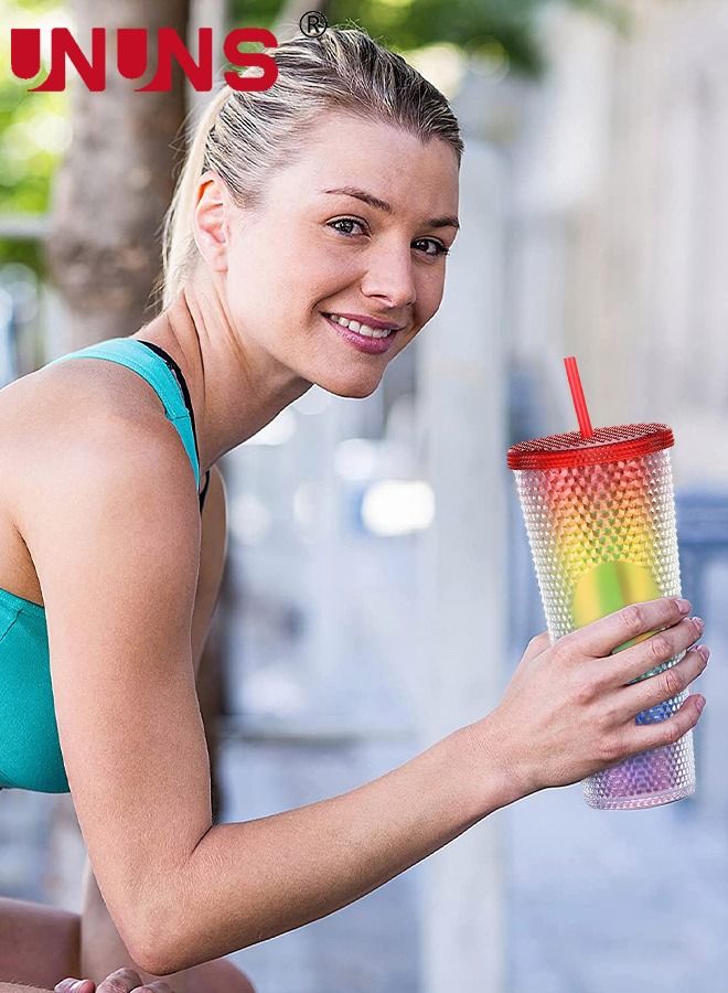 UNUNS أكواب قهوة مع قشة وغطاء، كوب بلاستيكي مرصع بسعة 24 أونصة، كوب مزدوج الجدار بألوان قوس قزح للسفر والمكتب والمنزل - Image 5
