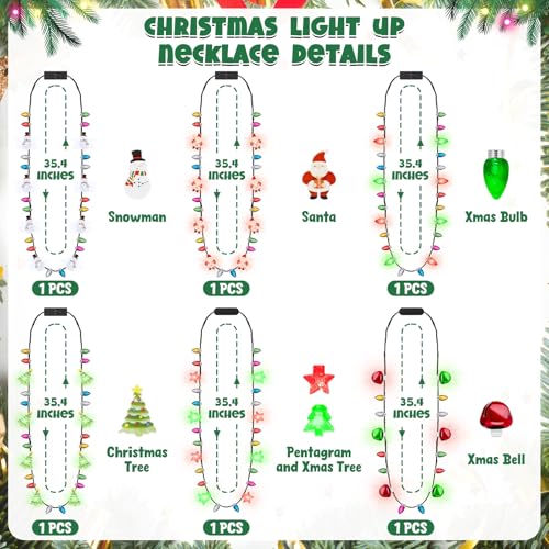 Traplace 12 Pack Christmas Necklace Lights 6 Styles LED Glowing Bulbs Christmas Lights Necklace with 3 Modes Light Up Xmas Favors Fun Xmas Party Supplies for Ugly Sweater New Year Eve Accessories - Image 5