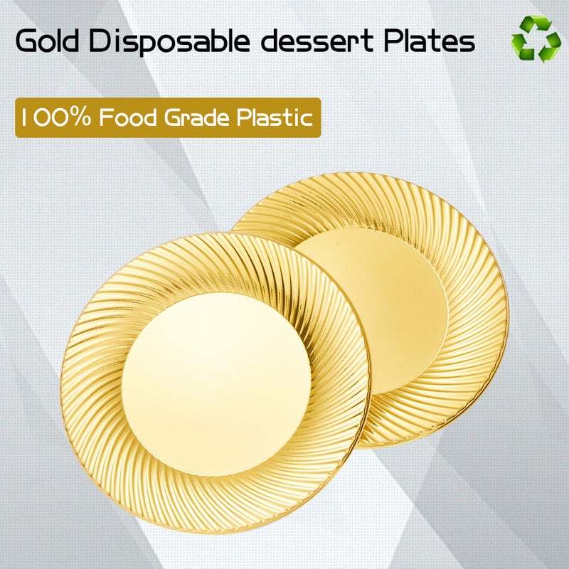 N9R 60pcs Gold Plastic Dessert Plates with Forks  Include 30pcs Disposable Dessert Plates 7 inch  30pcs Gold Plastic Forks 7.4 inch for Parties Weddings Birthday - Image 2