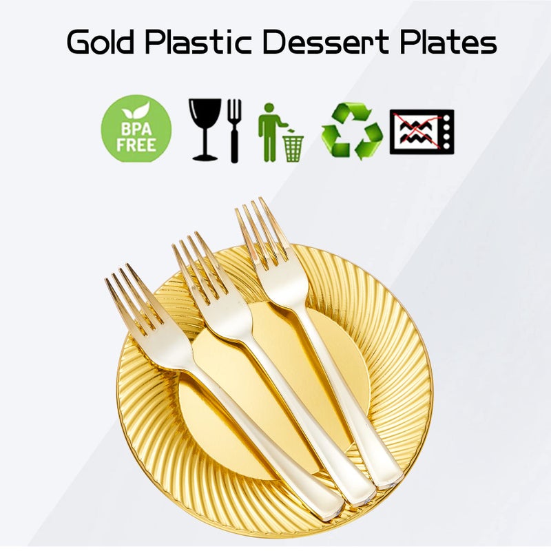 N9R 60pcs Gold Plastic Dessert Plates with Forks  Include 30pcs Disposable Dessert Plates 7 inch  30pcs Gold Plastic Forks 7.4 inch for Parties Weddings Birthday - Image 4