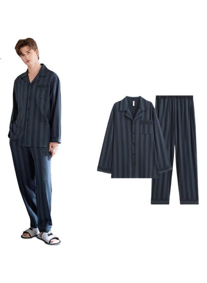 Fenton Fenteng Men'S Cotton Long Sleeve Cardigan Set Striped Loose Casual Home Wear For Spring And Autumn Grey Blue M - Image 1