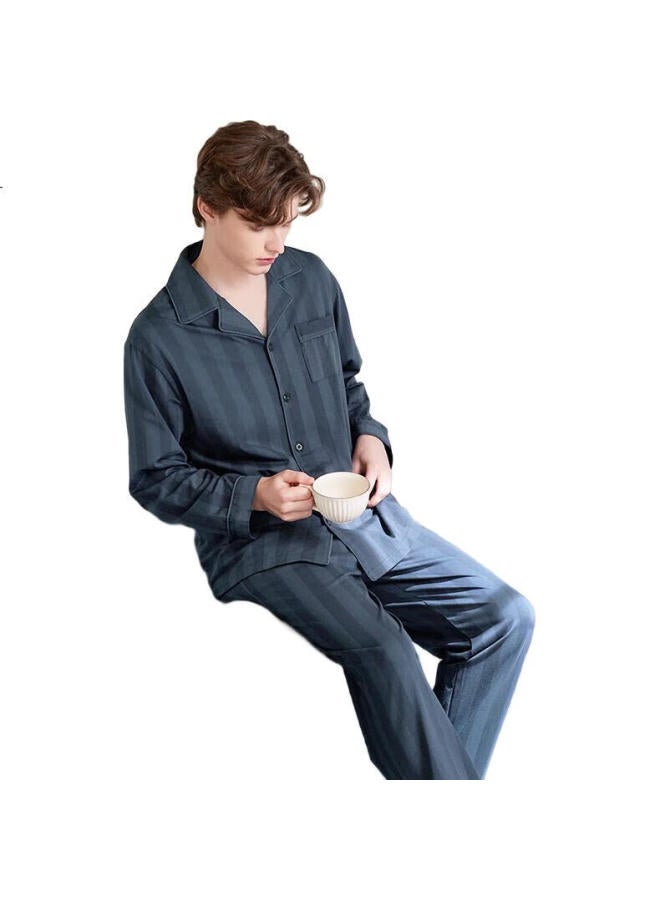 Fenton Fenteng Men'S Cotton Long Sleeve Cardigan Set Striped Loose Casual Home Wear For Spring And Autumn Grey Blue M - Image 3