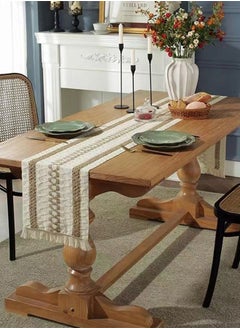 Kutis 1-Piece Tassel Cotton Thread Stripe Stitching Braid Tablecloth Table Runner for Coffee Table Dining Table TV Cabinet Tablecloth Beige/Yellow 180 x 35 Centimeter  - Image 1