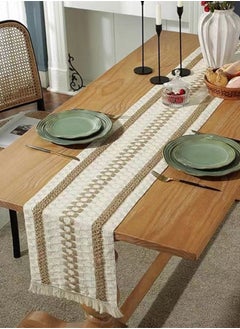 Kutis 1-Piece Tassel Cotton Thread Stripe Stitching Braid Tablecloth Table Runner for Coffee Table Dining Table TV Cabinet Tablecloth Beige/Yellow 180 x 35 Centimeter  - Image 2