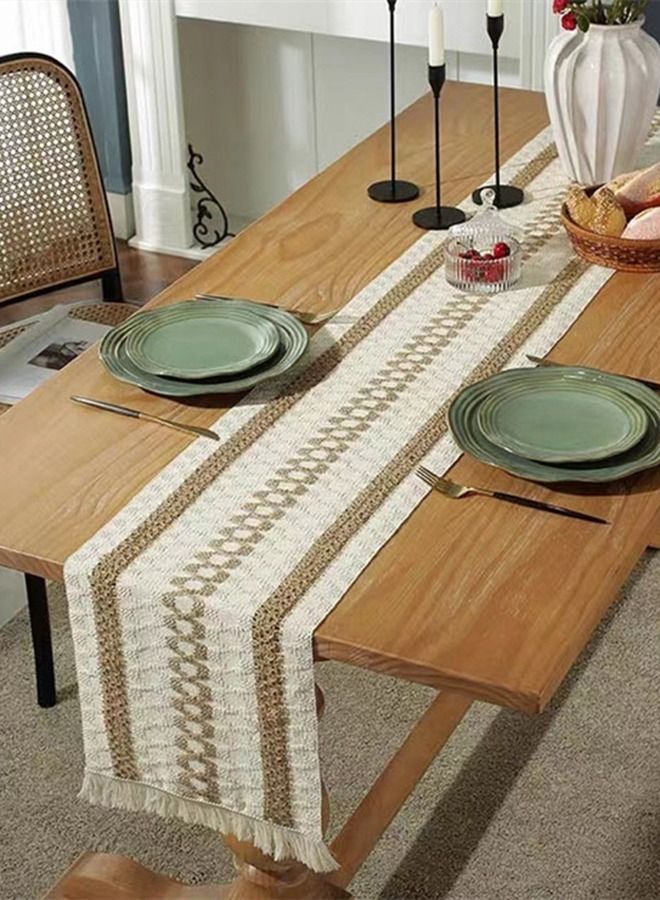 Kutis 1-Piece Tassel Cotton Thread Stripe Stitching Braid Tablecloth Table Runner for Coffee Table Dining Table TV Cabinet Tablecloth Beige/Yellow 180 x 35 Centimeter  - Image 2