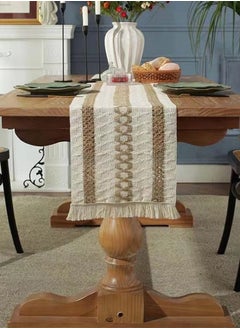 Kutis 1-Piece Tassel Cotton Thread Stripe Stitching Braid Tablecloth Table Runner for Coffee Table Dining Table TV Cabinet Tablecloth Beige/Yellow 180 x 35 Centimeter  - Image 4