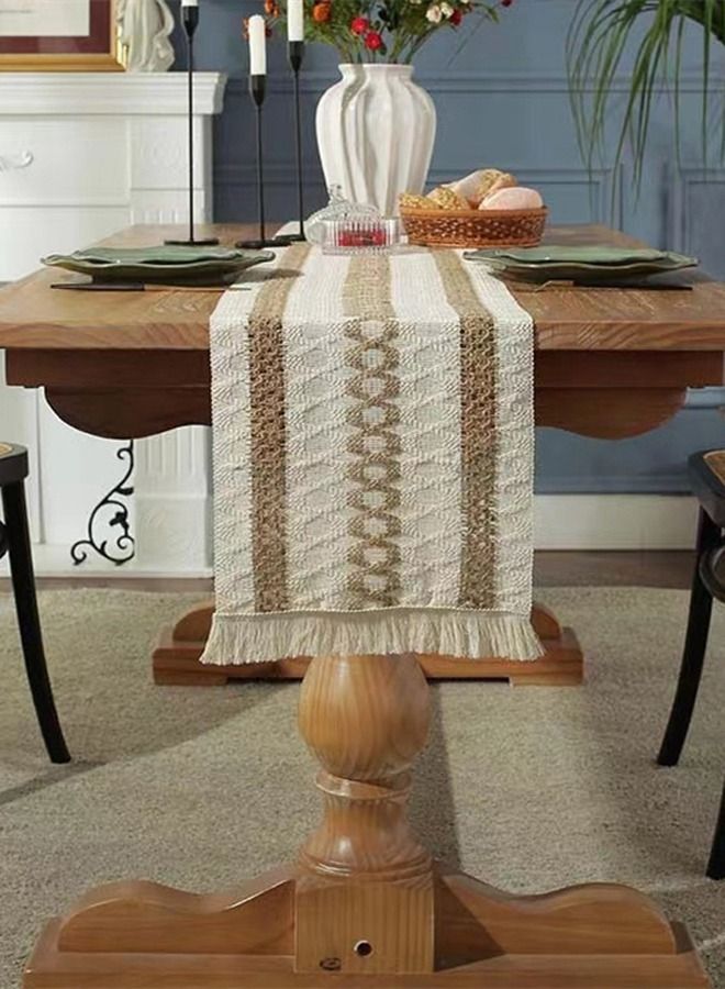 Kutis 1-Piece Tassel Cotton Thread Stripe Stitching Braid Tablecloth Table Runner for Coffee Table Dining Table TV Cabinet Tablecloth Beige/Yellow 180 x 35 Centimeter  - Image 4