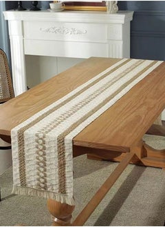 Kutis 1-Piece Tassel Cotton Thread Stripe Stitching Braid Tablecloth Table Runner for Coffee Table Dining Table TV Cabinet Tablecloth Beige/Yellow 180 x 35 Centimeter  - Image 3