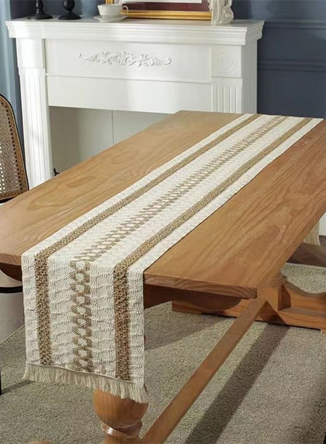 Kutis 1-Piece Tassel Cotton Thread Stripe Stitching Braid Tablecloth Table Runner for Coffee Table Dining Table TV Cabinet Tablecloth Beige/Yellow 180 x 35 Centimeter  - Image 3