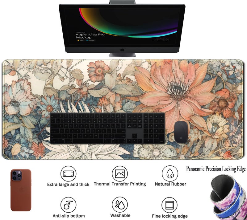 TENG DA QING Japanese Minimalist Floral Desk Mat Aesthetic Flowers XL Large Extended Gaming Mouse Pad with Stitched Edges, Big Laptop Computer Keyboard and Mouse Mat for Girl Women Office Decor 31.5x11.8 in - Image 3