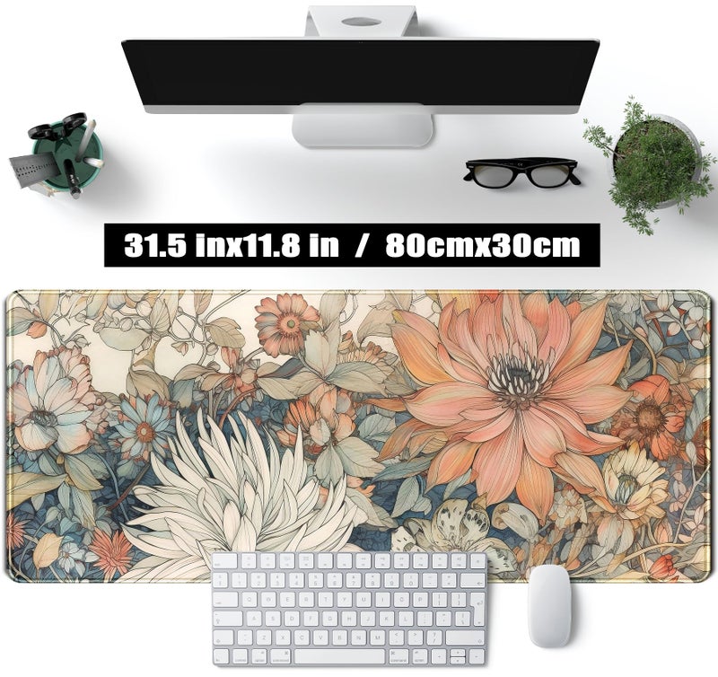 TENG DA QING Japanese Minimalist Floral Desk Mat Aesthetic Flowers XL Large Extended Gaming Mouse Pad with Stitched Edges, Big Laptop Computer Keyboard and Mouse Mat for Girl Women Office Decor 31.5x11.8 in - Image 2