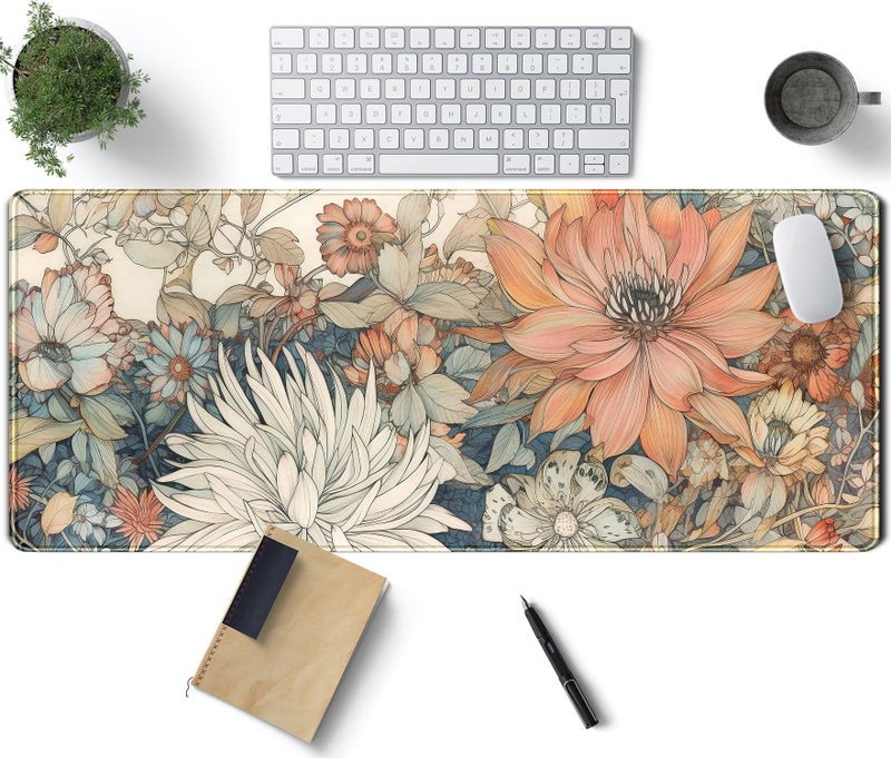 TENG DA QING Japanese Minimalist Floral Desk Mat Aesthetic Flowers XL Large Extended Gaming Mouse Pad with Stitched Edges, Big Laptop Computer Keyboard and Mouse Mat for Girl Women Office Decor 31.5x11.8 in - Image 1