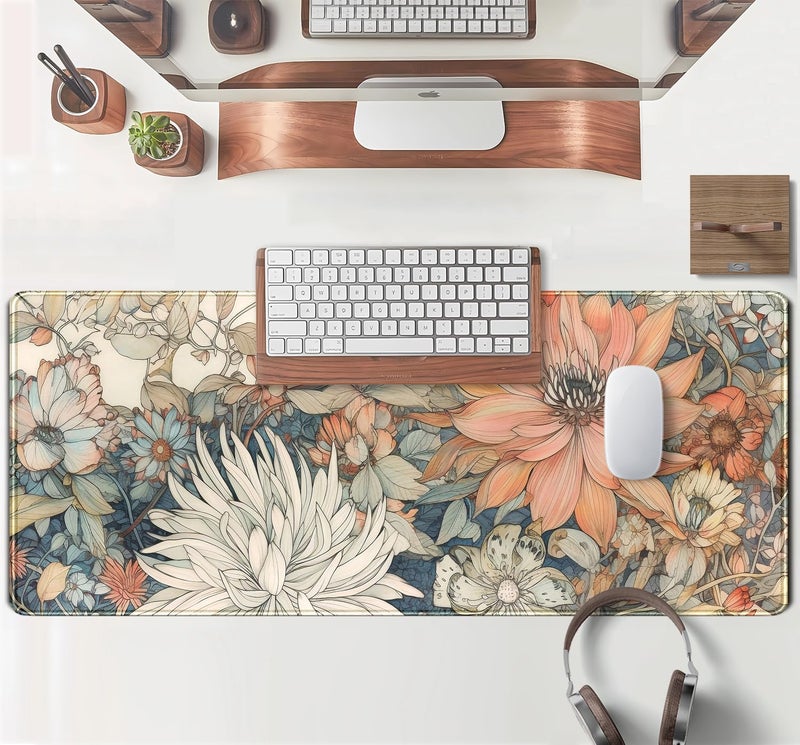 TENG DA QING Japanese Minimalist Floral Desk Mat Aesthetic Flowers XL Large Extended Gaming Mouse Pad with Stitched Edges, Big Laptop Computer Keyboard and Mouse Mat for Girl Women Office Decor 31.5x11.8 in - Image 4