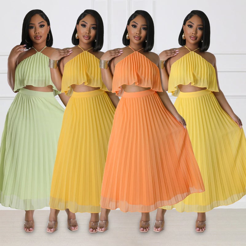10090 Cross-border Europe and America Amazon Sexy Backless Neck Vest Fresh Pleated Half-length Dress Two-piece Set mint green  - Image 2