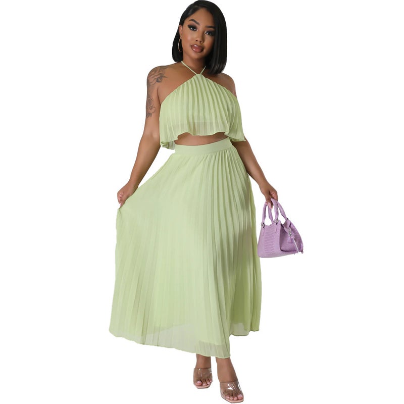 10090 Cross-border Europe and America Amazon Sexy Backless Neck Vest Fresh Pleated Half-length Dress Two-piece Set mint green  - Image 1