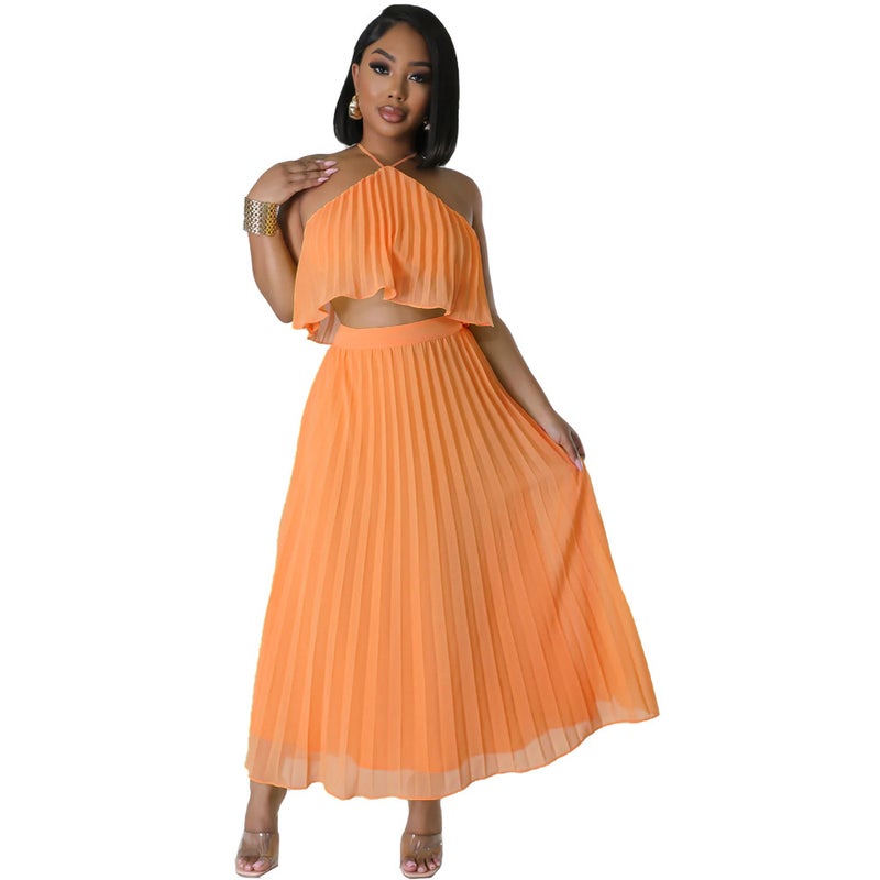 10090 Cross-border Europe and America Amazon Sexy Backless Neck Vest Fresh Pleated Half-length Dress Two-piece Set mint green  - Image 5