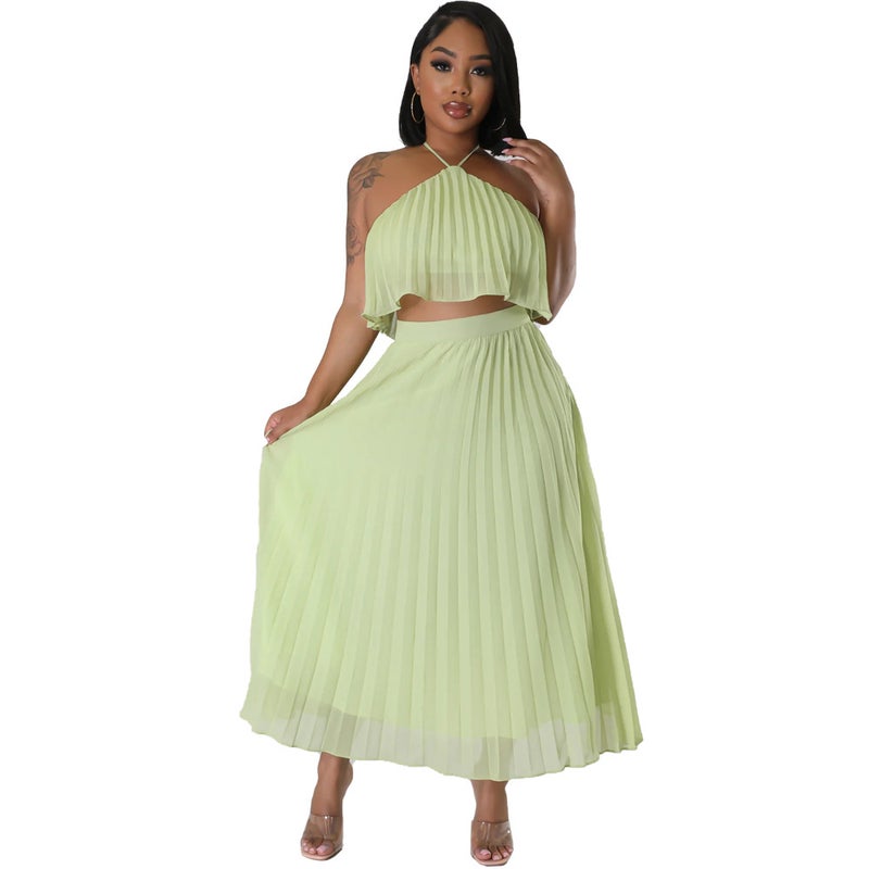 10090 Cross-border Europe and America Amazon Sexy Backless Neck Vest Fresh Pleated Half-length Dress Two-piece Set mint green  - Image 3