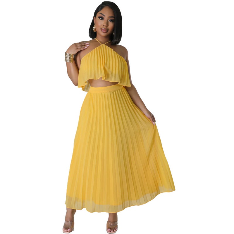 10090 Cross-border Europe and America Amazon Sexy Backless Neck Vest Fresh Pleated Half-length Dress Two-piece Set mint green  - Image 4