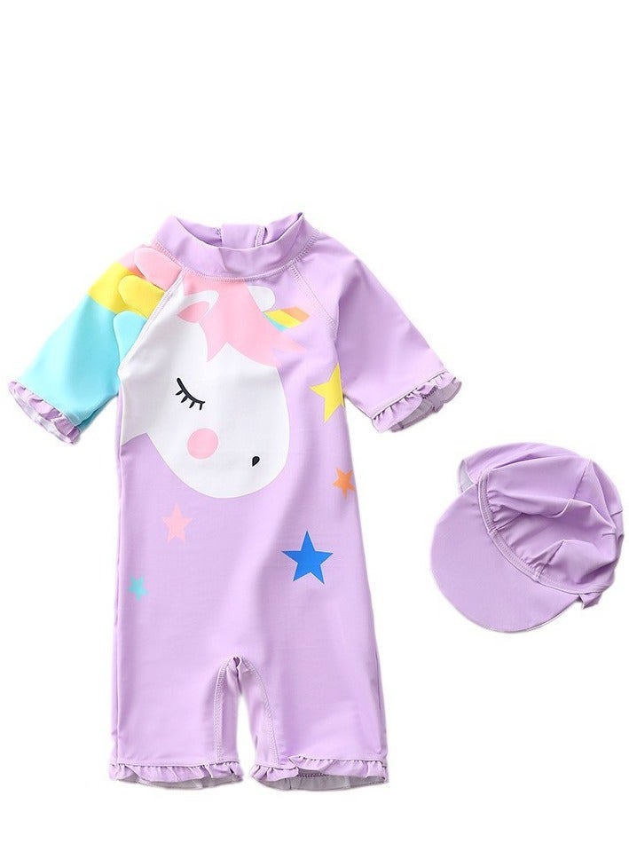 Generic Children's Pony Princess Swimsuit， Long sleeved One Piece Sun Proof kids Swimwear With Swim Cap For Height 70-120cm Girls  - Image 1