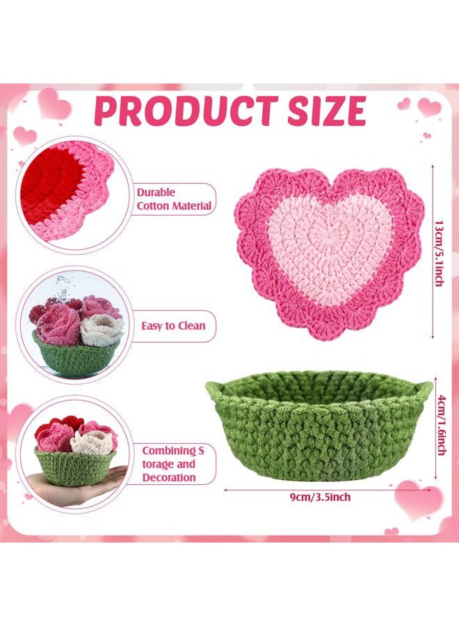 SmoothNovelty 15 Pcs Valentine's Day Heart Crochet Coasters Set Handmade Cute Crochet Coaster with Flower Holder Soft Decorative Pink Red Cup Mat Housewarming Gift for Home Bar Valentine Desk Decor - Image 3