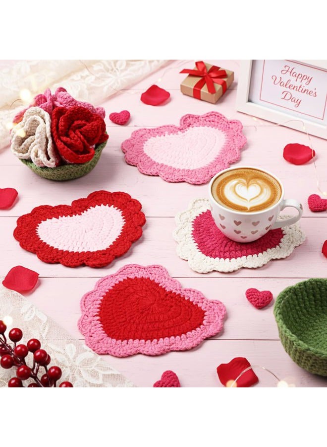 SmoothNovelty 15 Pcs Valentine's Day Heart Crochet Coasters Set Handmade Cute Crochet Coaster with Flower Holder Soft Decorative Pink Red Cup Mat Housewarming Gift for Home Bar Valentine Desk Decor - Image 2