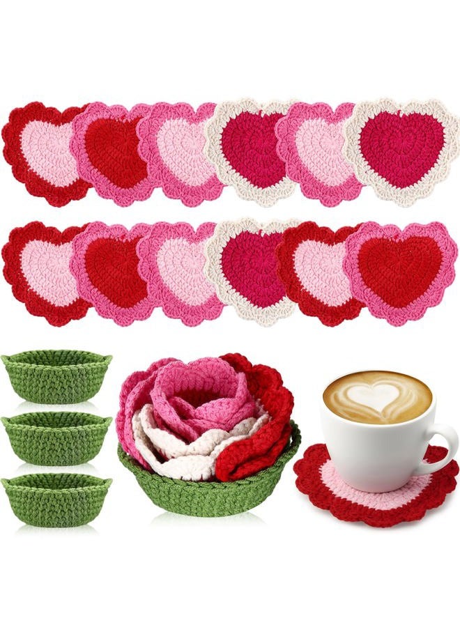 SmoothNovelty 15 Pcs Valentine's Day Heart Crochet Coasters Set Handmade Cute Crochet Coaster with Flower Holder Soft Decorative Pink Red Cup Mat Housewarming Gift for Home Bar Valentine Desk Decor - Image 1
