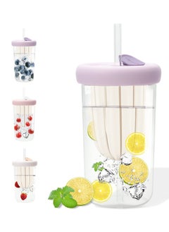 Glass Tea Cup with Infuser Lid and Straw Reusable Boba Cup for Smoothies Double Wall Tea Infuser Cup, Leak-Proof Jar with Food Grade Silicone