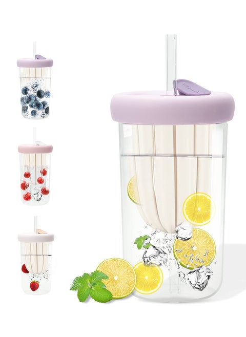 Glass Tea Cup with Infuser Lid and Straw Reusable Boba Cup for Smoothies Double Wall Tea Infuser Cup, Leak-Proof Jar with Food Grade Silicone