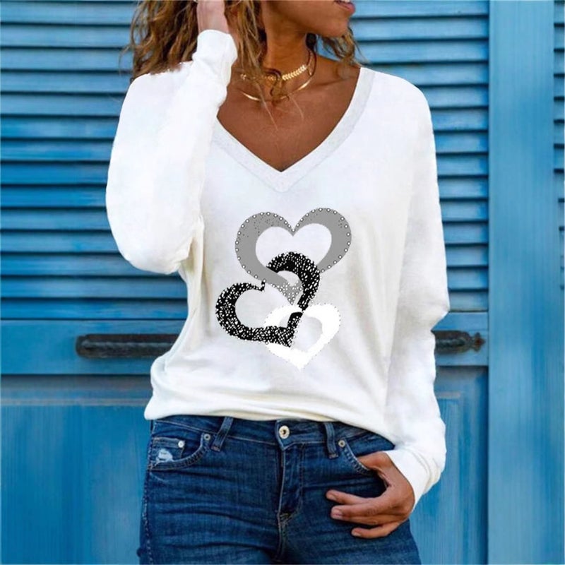 2025 Spring New Wish Three Heart Printing V-Neck Long Sleeve Joker Women'S T-Shirt - Image 3