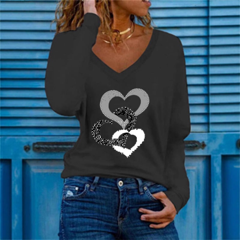 2025 Spring New Wish Three Heart Printing V-Neck Long Sleeve Joker Women'S T-Shirt - Image 1