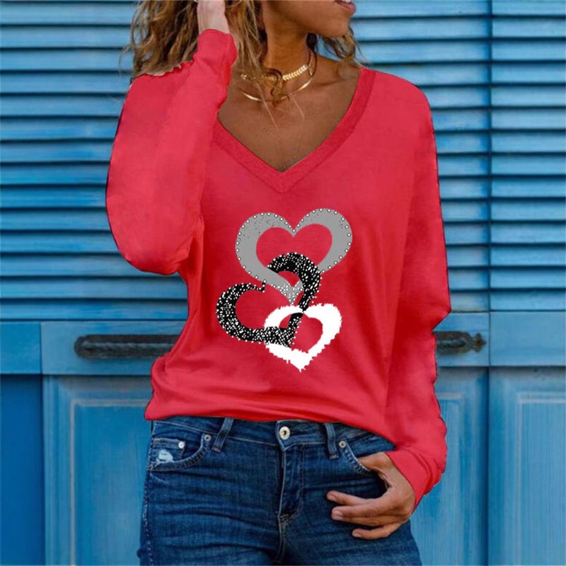 2025 Spring New Wish Three Heart Printing V-Neck Long Sleeve Joker Women'S T-Shirt - Image 5