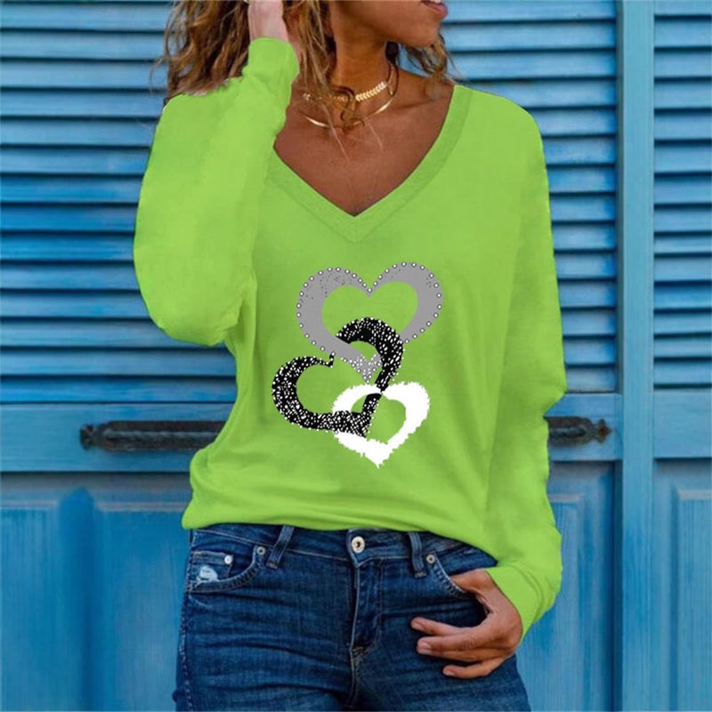 2025 Spring New Wish Three Heart Printing V-Neck Long Sleeve Joker Women'S T-Shirt - Image 4