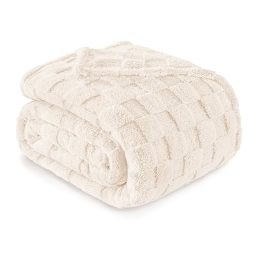 Exclusivo Mezcla Fleece Blanket Queen Size for Bed Super Soft and Cozy Bed Blankets with Checkered Design Lightweight Bedding All Season Use 90x90 Inches Ivory - Image 1